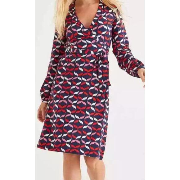 Boden wrap dress Sz 12 Geometric Midi Stretchy Comfy Tie V Neck XL - Picture 1 of 10